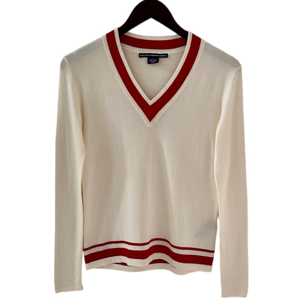 Ralph Lauren Cream with Red Trim V-Neck Long Sleeve Sweater Size Small